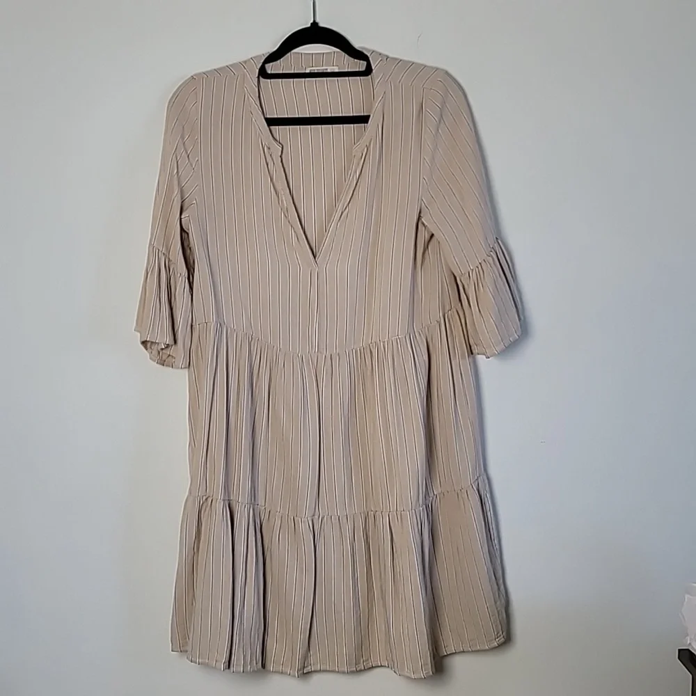 4OUR Dreamers Boho Ruffle Sleeve Peasant Mini Dress XS Beige - Picture 1 of 5
